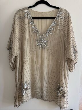 Vintage Silk Beaded V-Neck Embellished Tunic - Cream/Silver
